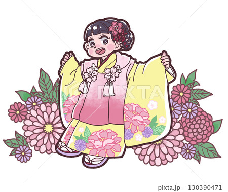 七五三の和服を着た女の子のイラスト 130390471