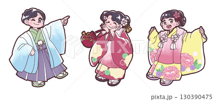 七五三の和服を着た子どもたちのイラスト 130390475