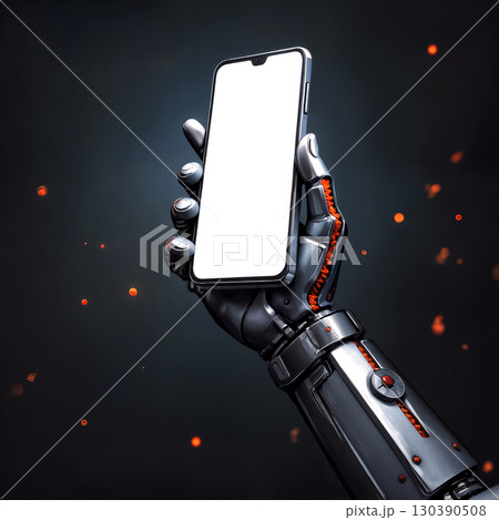 robotic hand holding phone with blank white screen on black background with bokeh sparks 130390508