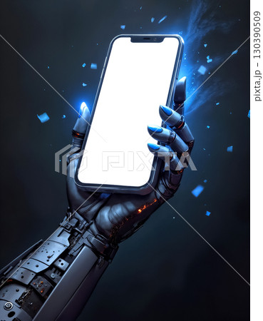 robotic hand holding phone with blank white screen, smartphone display mockup 130390509