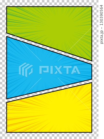Manga-style, panel layout, division into thirds, concentrated lines, colorful, diagonal cut 130390564