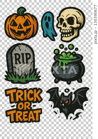 ハロウィンイラストセット　パンプキン　ゴースト　スカル　コウモリ　透過素材　Ai生成 130390677