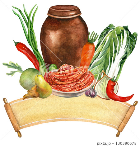 Kimchi watercolor illustration with space for text on transparent background. Vat with fresh vegetables for cooking. Chinese cabbage, carrot, pepper, pear, radish, ginger, garlic, onion  130390678