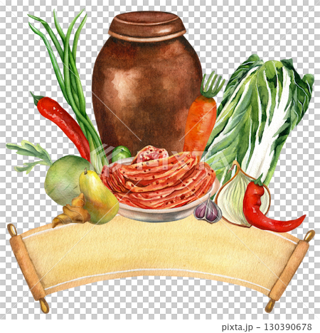Kimchi watercolor illustration with space for text on transparent background. Vat with fresh vegetables for cooking. Chinese cabbage, carrot, pepper, pear, radish, ginger, garlic, onion  130390678