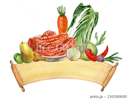 Kimchi vegetables and papyrus ribbon. Watercolor illustrations hand drawn isolated on transparent background. Chinese cabbage, onion, ginger, carrot, daikon and pepper. For kimchi holiday Kimchi vegetables and papyrus ribbon. Watercolor illustrations hand drawn isolated on transparent background. Chinese cabbage, onion, ginger, carrot, daikon and pepper. For kimchi holiday 130390680