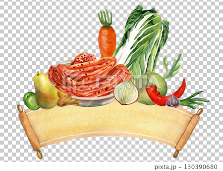 Kimchi vegetables and papyrus ribbon. Watercolor illustrations hand drawn isolated on transparent background. Chinese cabbage, onion, ginger, carrot, daikon and pepper. For kimchi holiday  130390680