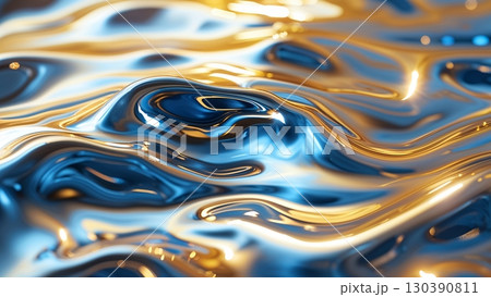 光沢感が美しいブルーとゴールドのメタリックウェーブ背景 130390811