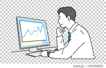 Illustration material of a business person with a thoughtful expression looking at a graph on a computer Illustration material of a business person with a thoughtful expression looking at a graph on a computer 130390882