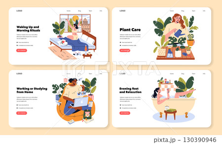 Vector illustration set depicting daily life activities. Scenes include waking up, plant care, working from home, and evening relaxation. Cheerful and focused expressions enhance the theme. 130390946