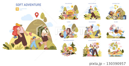 Vector illustration pack featuring a family enjoying a soft adventure hiking trip. Includes scenes of outdoor activities like glamping, zip-lining, and wildlife watching, portraying joy and Vector illustration pack featuring a family enjoying a soft adventure hiking trip. Includes scenes of outdoor activities like glamping, zip-lining, and wildlife watching, portraying joy and 130390957
