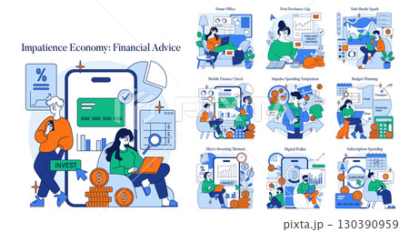 Vector illustration set highlighting digital finance, featuring diverse scenarios like micro-investing and budget planning with characters using digital tools to manage finances. 130390959