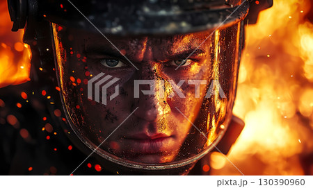 炎の中の消防士の白人男性の顔のクローズアップ 130390960
