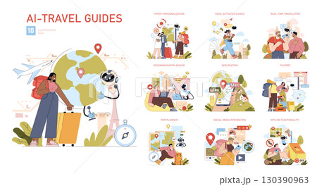 Vector illustration showing a traveler with luggage interacting with a friendly robot assistant in front of a large world map, highlighting travel app features such as geolocation and personalization. 130390963
