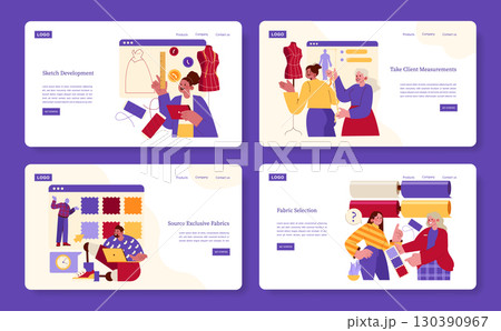 Fashion design process vector illustration set showing sketch development, client measurement taking, fabric sourcing, and selection. Ideal for fashion and design themes. 130390967