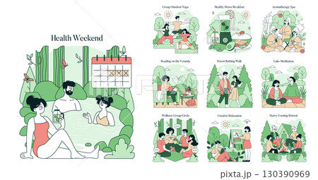 Vector illustration depicting various relaxing activities for a health weekend, including yoga, spa, meditation, and forest walks. People engage in wellness-focused practices outdoors. 130390969
