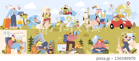 This vector illustration visualizes diverse travel and work-life scenarios, with people exploring nature, engaging in outdoor activities, and balancing work while traveling worldwide. 130390970