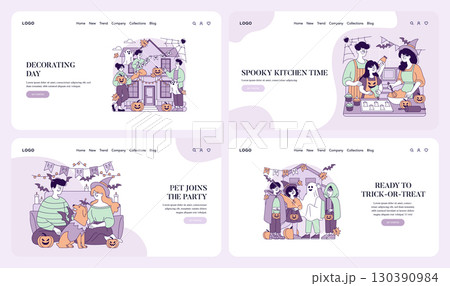 Vector illustrations depicting Halloween activities including decorating a house with pumpkins, baking spooky treats, enjoying time with pets, and dressing up for trick-or-treating. Perfect for Vector illustrations depicting Halloween activities including decorating a house with pumpkins, baking spooky treats, enjoying time with pets, and dressing up for trick-or-treating. Perfect for 130390984