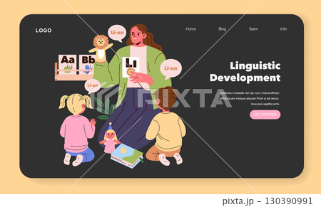 Vector illustration of a teacher engaging children in a linguistic development activity. The teacher uses animal cards and puppets to teach letter sounds in a playful setting. 130390991