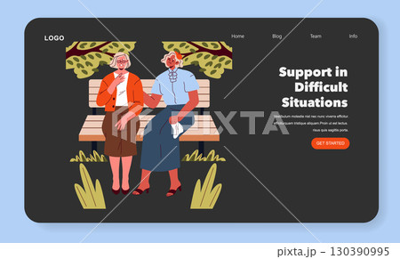 Vector illustration of two elderly women sitting on a park bench, engaged in comforting conversation. The scene captures emotional support and friendship in a serene outdoor setting. 130390995