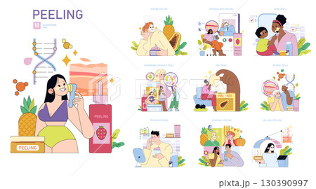 Vector illustration set depicting various skincare peeling techniques, including enzyme, retinol, and LED light peeling. Features diverse individuals using different peels. Vector illustration set depicting various skincare peeling techniques, including enzyme, retinol, and LED light peeling. Features diverse individuals using different peels. 130390997
