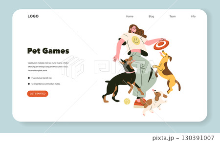Vector illustration of a woman joyfully playing with three dogs while tossing a frisbee. The dogs eagerly jump around her, showcasing a lively interaction and playful atmosphere. Vector illustration of a woman joyfully playing with three dogs while tossing a frisbee. The dogs eagerly jump around her, showcasing a lively interaction and playful atmosphere. 130391007