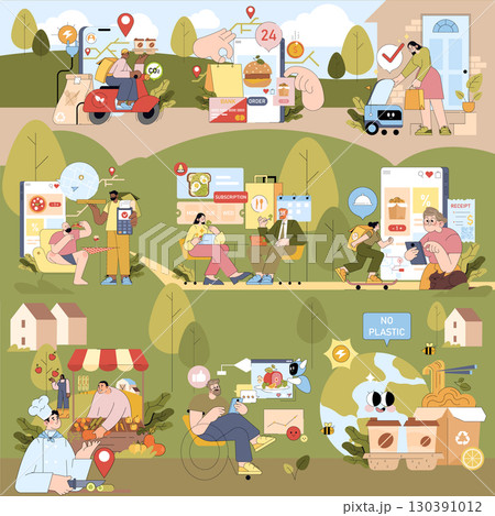 Vector illustration showing various online shopping and delivery scenarios. People interact with digital services, receive groceries, and manage subscriptions, emphasizing convenience. Vector illustration showing various online shopping and delivery scenarios. People interact with digital services, receive groceries, and manage subscriptions, emphasizing convenience. 130391012