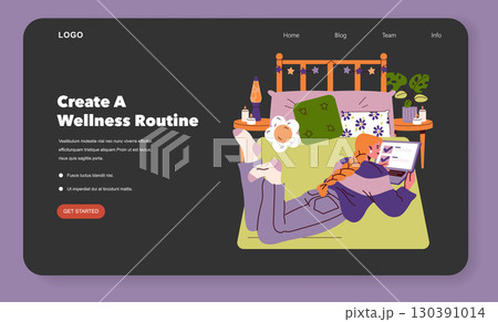 Vector illustration of a woman relaxing on a bed while using a laptop to create a wellness routine. Surroundings include plants and candles, creating a calming atmosphere for self-care. Vector illustration of a woman relaxing on a bed while using a laptop to create a wellness routine. Surroundings include plants and candles, creating a calming atmosphere for self-care. 130391014
