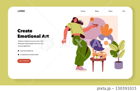 Vector illustration of a woman painting abstract flower art on a creative website design. Includes vibrant colors, brush and palette, highlighting emotional art creation process. 130391015