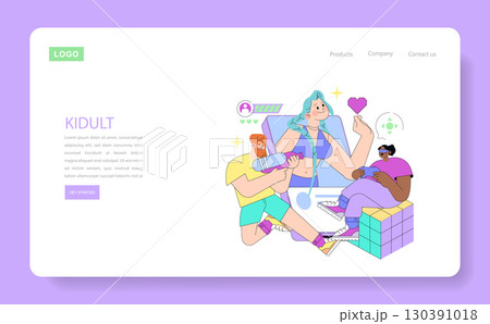 Vector illustration depicting diverse kidult characters engaging with various gadgets. Display features a lively scene of fun, expressing joy and interaction on a purple background. 130391018