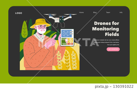 Illustration features a farmer interacting with drone data on a tablet, highlighting the role of drones in monitoring agricultural fields. The design emphasizes technology in farming. 130391022
