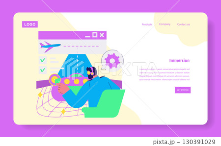 Vector illustration showing a person engaged in operating an aircraft simulation on a digital platform. The individual is using interfaces with interactive elements and control features. Vector illustration showing a person engaged in operating an aircraft simulation on a digital platform. The individual is using interfaces with interactive elements and control features. 130391029