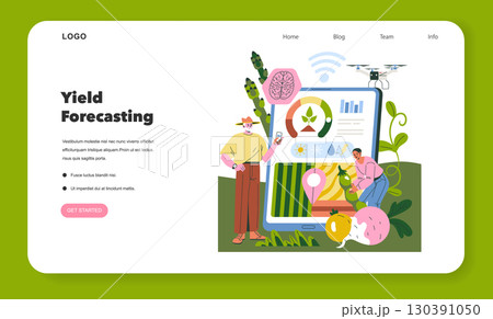 Vector illustration showcasing a yield forecasting interface with data charts, a drone, and plant elements. Individuals demonstrate technology use in agriculture on a digital platform. 130391050