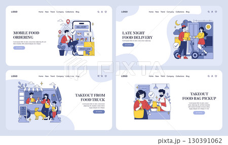 Vector illustration showcasing mobile food ordering, late night delivery, food truck takeout, and food bag pickup. People interacting with delivery services and enjoying meals. Vector illustration showcasing mobile food ordering, late night delivery, food truck takeout, and food bag pickup. People interacting with delivery services and enjoying meals. 130391062