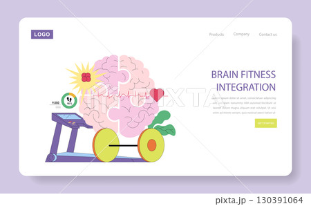 Creative vector illustration highlighting brain fitness integration. A treadmill, puzzle brain, and heart monitor symbolize cognitive health and mental wellness. Ideal for health and wellness themes. 130391064