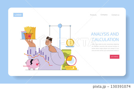 Vector illustration of a man weighing financial options, balancing food on a scale with a coin. Includes graphics such as charts, a broken piggy bank, and a clock. 130391074