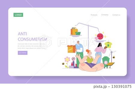 Vector illustration depicting an anti-consumerism concept with people balancing life priorities and sustainability. Includes charity, eco-friendly clothing, and renewable energy elements. 130391075