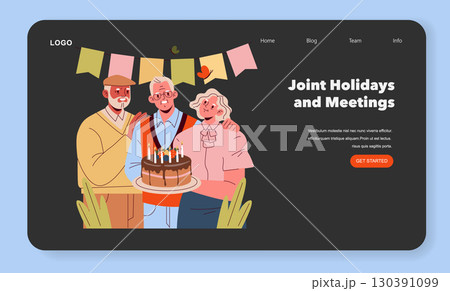 Vector illustration of a cheerful group celebrating with a birthday cake. A multicultural gathering under a festive banner, sharing joy and warmth in a harmonious setting. 130391099