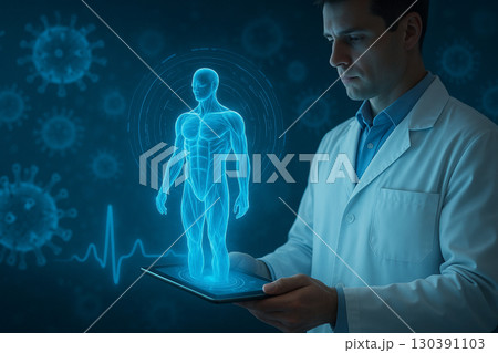 AI generated futuristic medical scene with doctor analyzing holographic muscular system blue neon light digital healthcare advanced technology 130391103