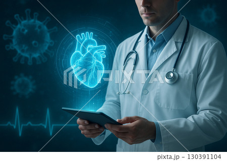 AI generated futuristic medical concept showing doctor with holographic heart analysis representing advanced digital healthcare and real time monitoring in a clean blue environment 130391104
