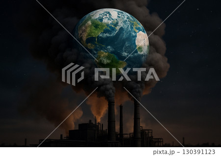 AI generated concept art showing planet Earth above industrial smokestacks as toxic smoke rises symbolizing climate change and human destruction of the environment 130391123