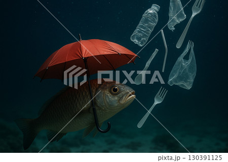 AI generated surreal underwater scene showing a fish holding a red umbrella to shield itself from falling plastic waste symbolizing pollution and fragile marine life 130391125