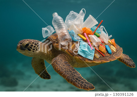 AI generated sea turtle swimming underwater carrying colorful plastic waste symbolizing pollution imbalance and human impact on marine life 130391126