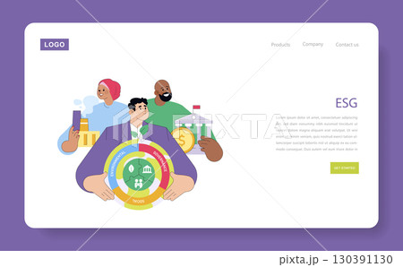 Vector illustration showing a diverse team collaborating on ESG (Environmental, Social, Governance) initiatives. The team is depicted discussing sustainable practices with various symbolic elements. 130391130
