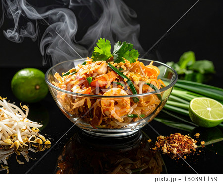 AI generated Sizzling pad thai noodles served in a modern glass bowl with rising steam, placed on a reflective black glass table surrounding fresh ingredients 130391159