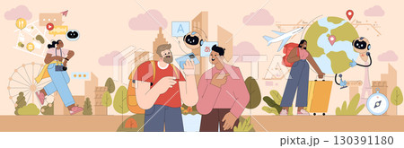 Illustration of travelers using AI and technology for translation and navigation. Features diverse individuals interacting with digital maps, language apps, and virtual guides. Vector format. Illustration of travelers using AI and technology for translation and navigation. Features diverse individuals interacting with digital maps, language apps, and virtual guides. Vector format. 130391180