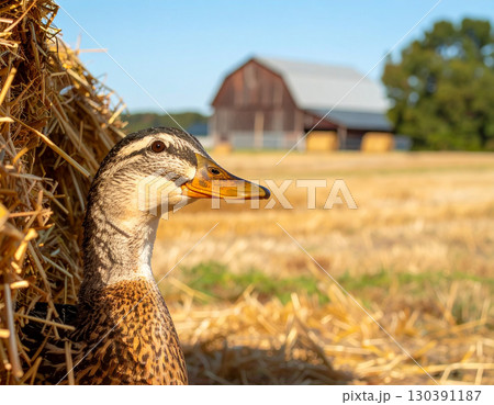 AI generated image of a cheerful duck smiling and playfully peeking from the side with half its body visible. The background features a picturesque farm scene rustic barn, golden hay bales open fields 130391187