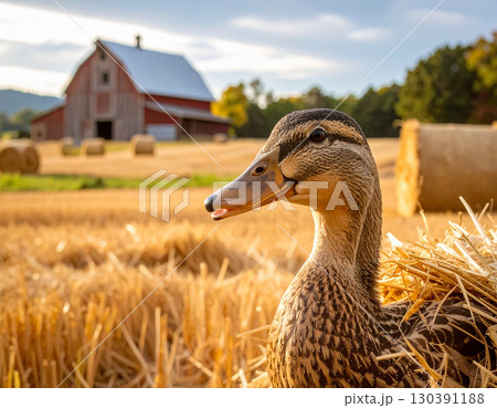 AI generated image of a cheerful duck smiling and playfully peeking from the side with half its body visible. The background features a picturesque farm scene rustic barn, golden hay bales open fields 130391188