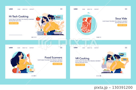 Set of vector illustrations highlighting modern cooking technology including virtual reality cooking and food scanners. Features people interacting with futuristic kitchen gadgets. 130391200