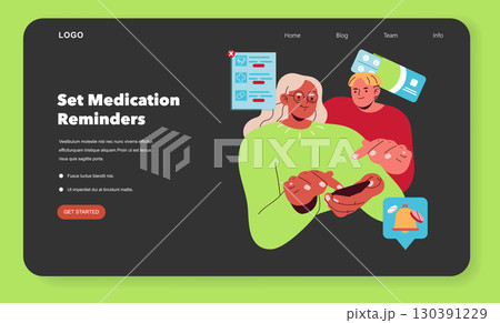 Colorful vector illustration depicting people engaged in setting up medication reminders on digital devices. Highlights technology use in health management with clear, vibrant visuals. 130391229