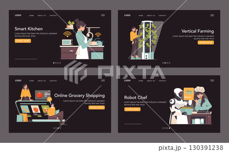 Vector illustration set featuring scenes of smart kitchen technology, vertical farming, online grocery shopping, and robot chef assisting in meal preparation. Ideal for tech and sustainability themes. 130391238